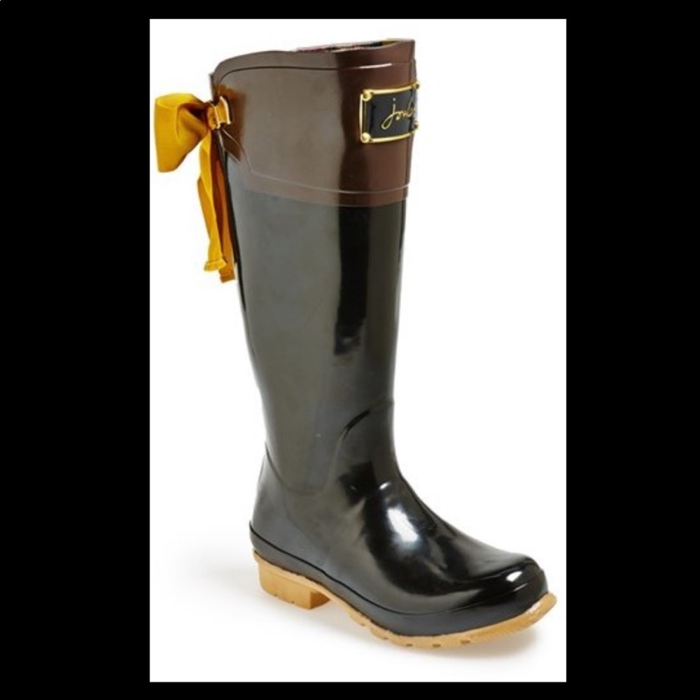 Joules Evedon Black and Brown Rainboots with Yellow Bow